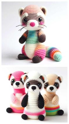 three crocheted stuffed animals sitting next to each other