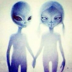 two alien like people holding hands and staring at each other