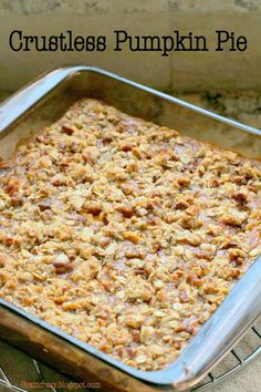 crustless pumpkin pie in a baking pan on a cooling rack with text overlay