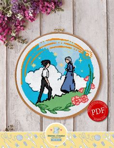 a cross stitch pattern with the image of a man and woman walking on a hill