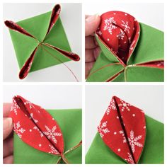 four images show how to make a christmas ornament out of fabric and ribbon