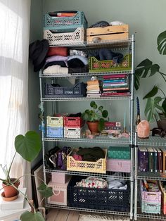 a metal shelving unit filled with lots of books and other items next to a potted plant