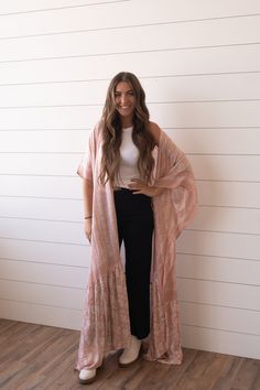 One size floor length Bohemian Floor-length Kimono For Spring, Spring Bohemian Floor-length Kimono, Bohemian Floor-length Spring Kimono, Flowy Maxi Dress With Kimono Sleeves, Pink Maxi Length Kimono For Spring, Pink Maxi Length Summer Kimono, Pink Bohemian Maxi Kimono, Pink Flowy Kimono With Kimono Sleeves, Long Pink Kimono For Festival