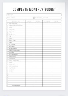 a printable budget sheet with the words, complete monthly budget and numbers on it