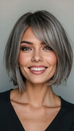 Grey Hair Fringe, Gray Hair Bob, Hair Bob With Bangs, Embracing Grey Hair, Grey Bobs, Mom Haircuts, Bangs Curly