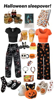 halloween sleepover with pumpkins, jack - o'- lanterns and other items