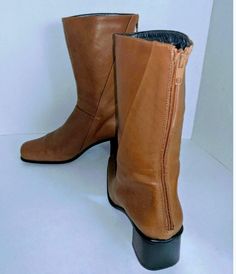 "Italian Boot Back Zipper Boots Block Heel Low Square Toe Soft Italian Leather EU Size - 38 US Size - 8 3\" Block Heel Cleaned & Stored in a Non-smoking Pet-free Environment Approximate Measurements: Some Signs of Wear Insoles & Out-soles Shaft Height - 9.5\" Heel Height - 3\" Calf Circumference - 13.5\" Calf Width - 6\"" Fitted Mid-calf Boots With Zipper For Fall, Brown Knee-high Heeled Boots With Zipper, Brown Knee-high Heeled Boots With Zipper Closure, Brown Leather Mid-calf Boots With Zipper, Leather Mid-calf Boots With Zipper For Fall, Spring Mid-calf Leather Moto Boots, Spring Leather Mid-calf Moto Boots, Winter Brown Heeled Boots With Zipper Closure, Brown Heeled Boots With Zipper For Winter