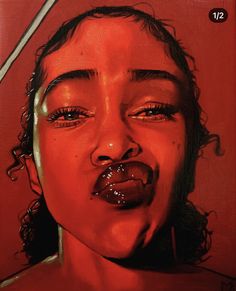 a painting of a woman with her mouth open and tongue out, on a red background