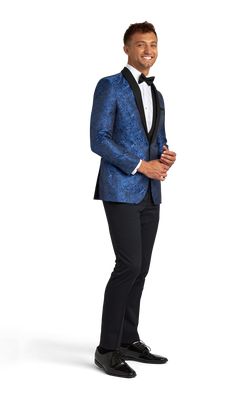 This royal blue paisley tuxedo coat with a shawl lapel is a fun look for a party or formal event where you want to bring style.  Add black or blue pants to this blue tuxedo and dress it up with a bow tie or dress it down without any tie, but maybe just a pocket square. Royal Blue Notch Lapel Suits For Party, Fitted Tuxedo Blazer For Gala, Fitted Tuxedo Style Blazer For Gala, Fitted Party Blazer With Shawl Collar, Fitted Shawl Collar Party Blazer, Formal Fitted Dressy Blazer, Dressy Fitted Blazer For Formal Occasions, Fitted Dressy Blazer For Formal Occasions, Royal Blue Tuxedo Suit For Party