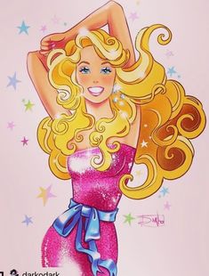 a drawing of a blonde woman with long hair wearing a pink dress and blue bow