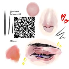 an image of a woman's eye with makeup tools and qr code on it