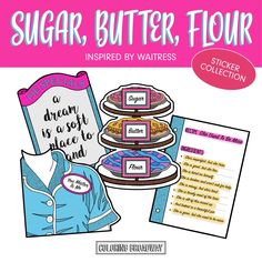 the book cover for sugar, butter, flour is shown in pink and blue colors