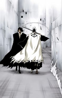 an anime scene with two people dressed in black and white