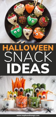 halloween snack ideas for kids to make and eat on the table with text overlay