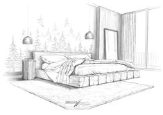 a drawing of a bedroom with a bed, nightstands and trees in the background