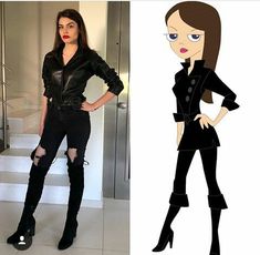 a woman in black is standing next to an image of a cartoon character wearing high heeled boots