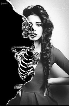 a woman with long hair and a skeleton on her face, holding a butterfly in her hand