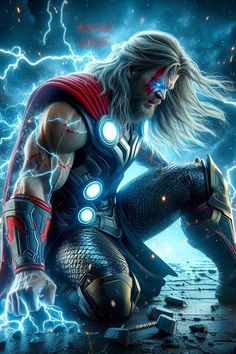 thor is sitting on the ground surrounded by lightning