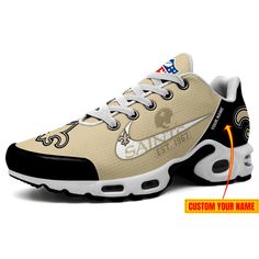 New Orleans Saints NFL Premium Air Max Plus Sport Sneakers For Fan Gifts Custom Breathable White Sneakers For Sports Season, White Breathable Custom Sneakers For Sports Season, White Custom Logo Sneakers For Streetwear, Custom White Sneakers For Sports Season, White Custom Sneakers For Sports Season, Custom High-top Fade-resistant Sneakers For Sports Events, Fade-resistant High-top Custom Sneakers For Sports Events, Team-colored Sneakers For Streetwear, Sporty Custom Sneakers With Fade-resistance