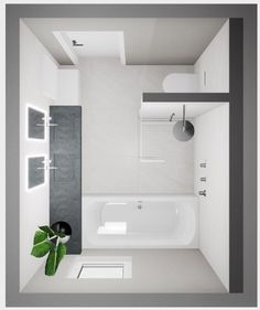 a bathroom with white walls and flooring has a plant in the corner next to the bathtub