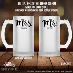 two white coffee mugs with the words mr and mrs printed on them, sitting next to each other