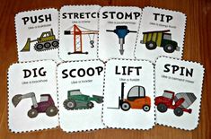 four matching cards with pictures of trucks and tractors on them, which include words such as push, stop, dig, scop, lift, spin