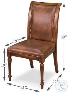 a brown leather dining chair with wooden legs and nailing on the backrests