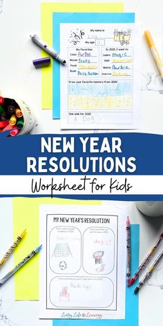 new year's resolution worksheet for kids with pencils and crayons