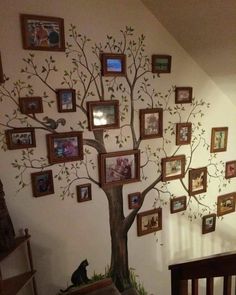 a family tree with many frames on it and a cat sitting under the tree in front