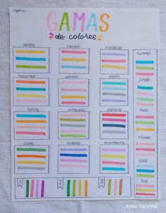 a sheet of paper with different colors on it and the words gamas written in spanish