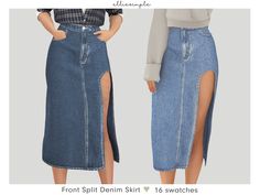 the front and back view of a denim skirt with slits on both sides, which are