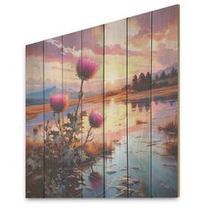 a painting of flowers in front of a sunset