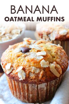 banana oatmeal muffins on a napkin with the title above it