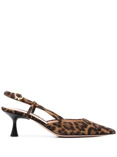 brown calf suede all-over leopard print pointed toe slingback strap branded leather insole slip-on style side buckle fastening 55mm sculpted heel Lepord Print Shoes, Leopard Print Kitten Heels, Animal Print Heels, Leopard Print Heels, Rossi Shoes, Leopard Print Shoes, Leopard Heels, Pattern Shoes, Slingback Shoes