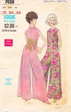 This vintage Vogue sewing pattern was designed in 1969. It makes a sleeveless jumpsuit with wide legs. Size 12: Bust 34   ---   Waist 25 1/2   ---   Hip 36. The pattern has been used and is complete including instructions. The front and back pieces have been cut into two to lengthen but may be taped or pinned back together for use. The envelope is in poor condition and will arrive in an archival sleeve. To see more vintage separates patterns: https://www.etsy.com/shop/studioGpatterns?section_id=6940897 To visit my shop: https://www.etsy.com/shop/studioGpatterns 1960s Sewing Patterns, 60s Sewing Patterns, Sewing Pattern Jumpsuit, British Picnic, 60s Jumpsuit, 60s Pants, 70s Fashion Disco, Pattern Jumpsuit, 1969 Fashion