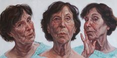 three older women with wrinkles on their faces, one holding her hand to her face