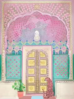 a cheetah is standing in front of a pink and blue building with ornate doorways