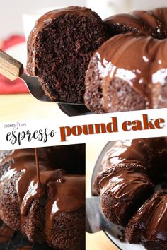 a chocolate bundt cake on a cooling rack with one slice being lifted from it