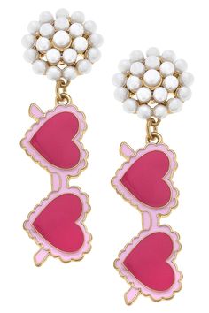 Celebrate love with these limited-edition Love Heart-Shaped Sunnies Earrings in Fuchsia & Pink! Perfect for Valentine's Day or a bachelorette trip, these shades will show your fun, flirty side and make a statement wherever you go. Get ready to turn heads and make memories with these stylish earrings. Playful Pink Heart Earrings For Valentine's Day, Playful Pink Earrings For Valentine's Day, Pink Earrings For Valentine's Day Party, Chic Heart Earrings For Valentine's Day Party, Pink Valentine's Day Party Earrings, Pink Heart Earrings For Party, Fun Jewelry For Valentine's Day Party, Fun Party Earrings For Valentine's Day, Trendy Valentine's Day Party Earrings