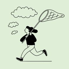 a woman is running with a badminton racket in her hand and clouds are behind her