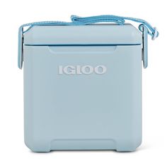 the igloo ice chest is light blue and has a rope on it's handle