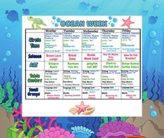 the ocean week calendar is shown with sea animals and other things to do on it