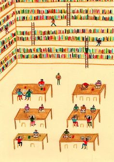 a drawing of people sitting at desks in front of bookshelves