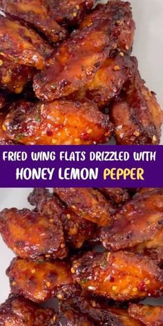 fried wings that have been drizzled with honey lemon pepper are shown here