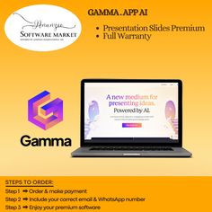 a laptop computer sitting on top of a yellow background with the words gama app