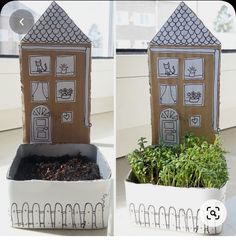 two pictures of a house made out of cardboard with plants in the window sill