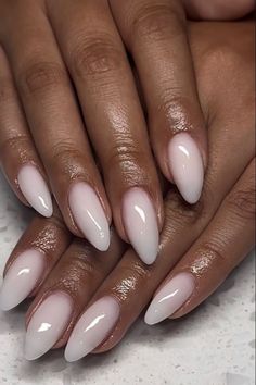 Neutral Unique Nails, Nails For Debutante, Medium Almond Nails Milky White, Milky White Gel Nails Almond, Milky White Nails On Dark Skin, Extra Short Gel X Nails Almond, Soft White Almond Nails, Milky White Almond Nail Ideas, Milky White Nails Black Women