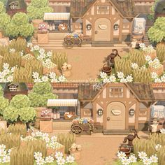 an animated image of a town with lots of houses and animals in the front yard