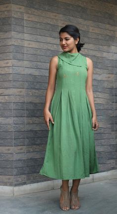 Maxi dress for women, Green linen dress, Linen pleated dress, Made to order, Custom made, Plus size -Model height: 53 wearing size S -Length: 45 -Fit: Comfortable -Hand embroidered Maggam work on front. Maggam work is exquisite needlework of repeated fine chain stitches, worked in multi-coloured Turtle Neck Kurti Design, Turtle Neck Kurti, Afgani Dress, Cotton Dress Summer Casual, Kurta Ideas, Plus Size Summer Dress, Green Linen Dress, Casual Frocks, Dress For