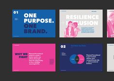 four brochures with different colors and font on them, including one for the brand